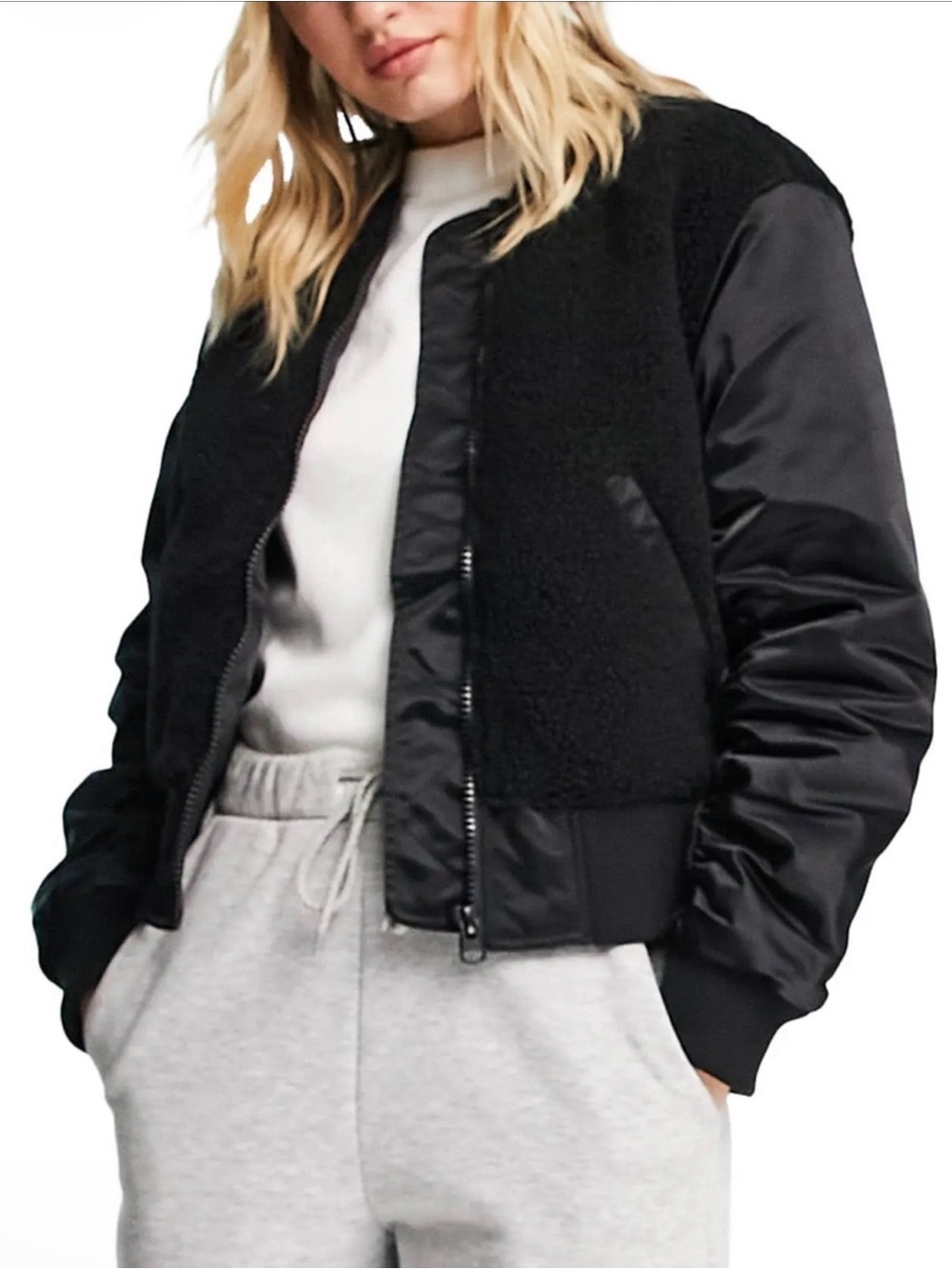 Topshop Black Mixed-Media Bomber Jacket